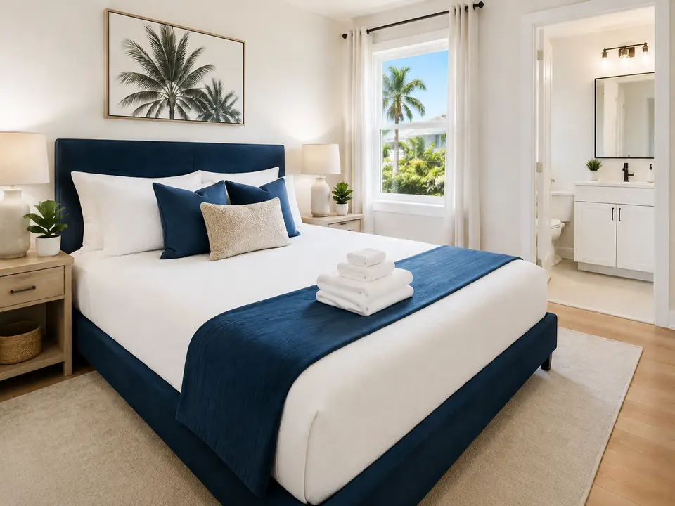 Fresh guest-ready Airbnb bedroom with crisp linens and towels